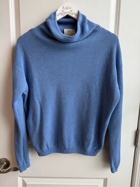 Edinburgh Knitwear Blue Pima Cotton Turtleneck Sweater Fisherman Coastal Medium